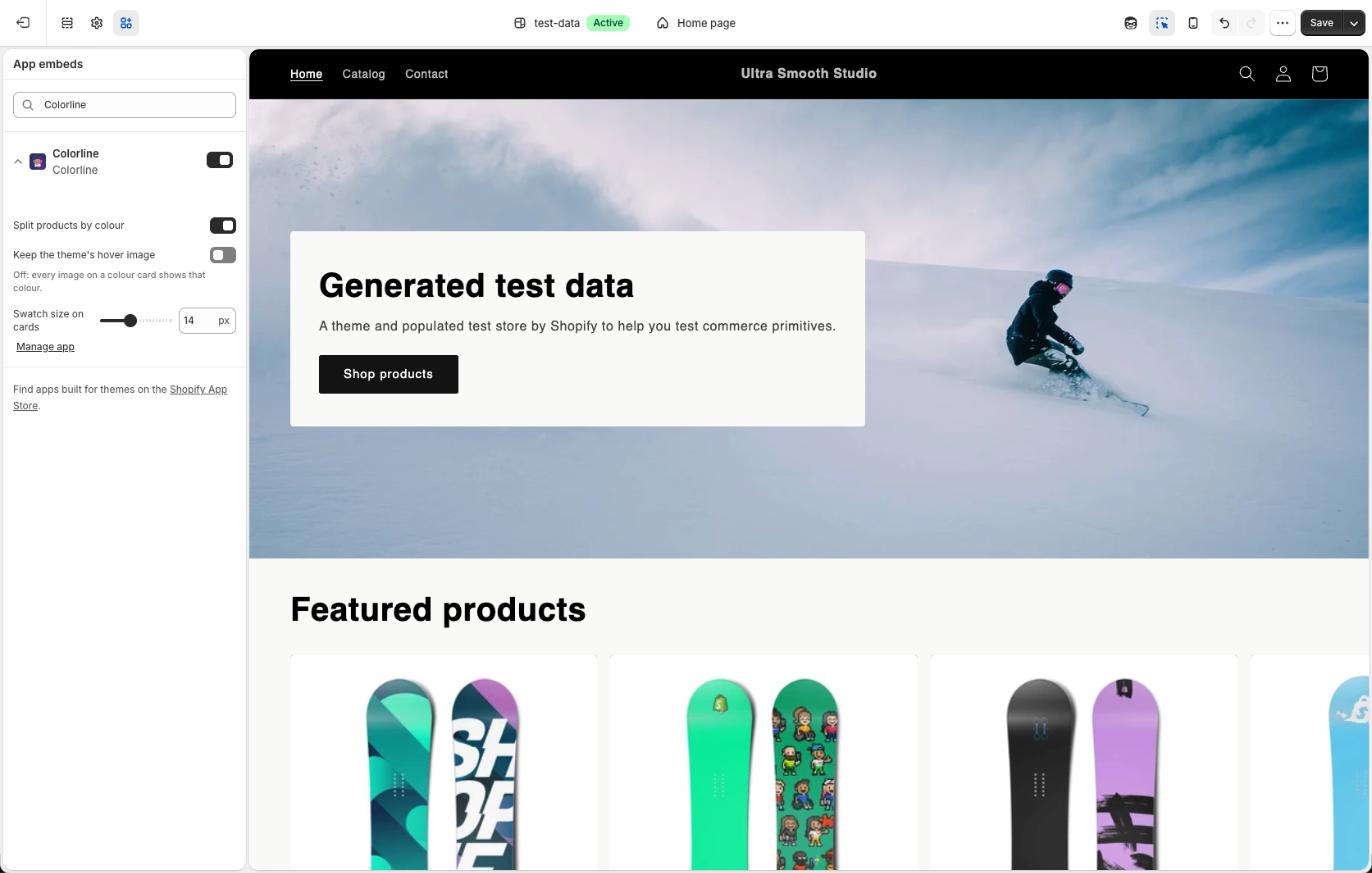 Theme editor, App embeds, Colorline switched on